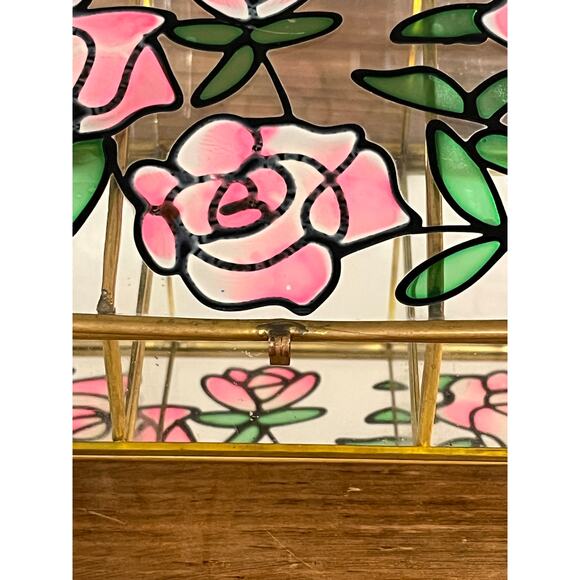 Vintage Stained Glass Jewelry Trinket Box Pink Rose Floral Brass - Picture 7 of 11